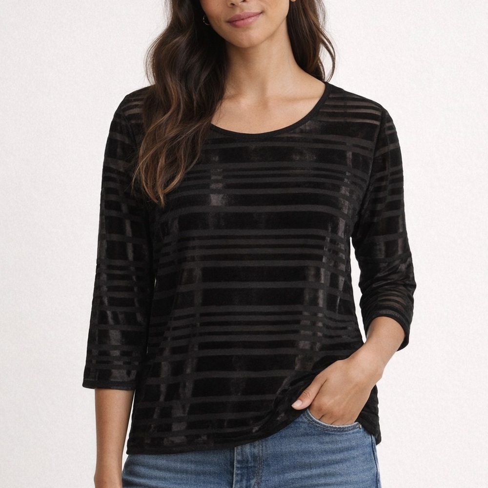 Chico's Black Sheer Velvet Burnout Stripe Top 3/4 Sleeve Length Size 0